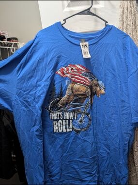 Gildan Royal Blue Graphic Tee with Bear on Bike
